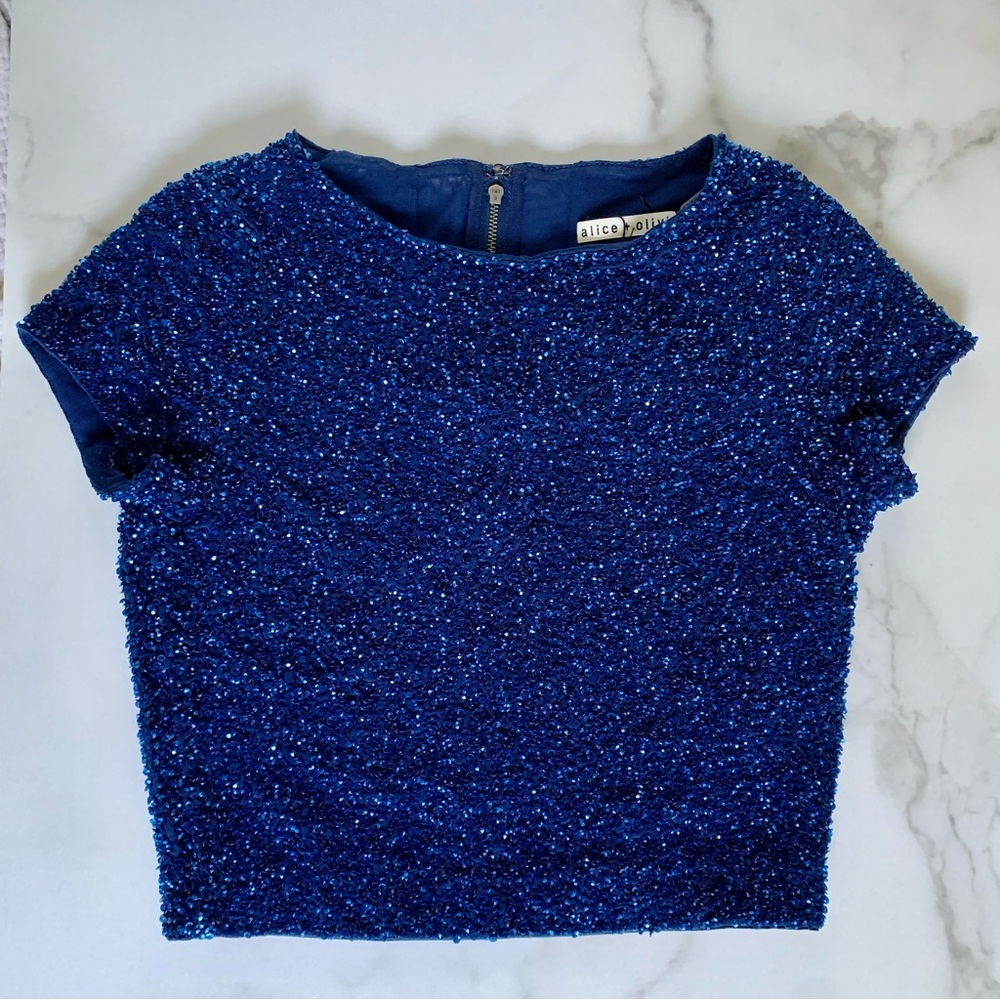 Alice + Olivia Blue Sequin Crop Top